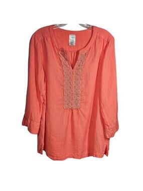 Lands End Linen Tunic Top Womens Size 12P Coral 3/4 Sleeve V Neck Lace Petite